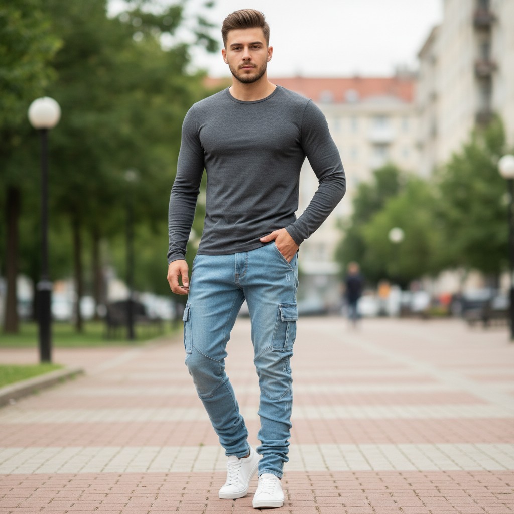 Pantalones Cargo Ajustados de Mezclilla Elástica Hombre | Pantalón Cargo